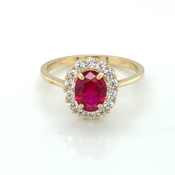 9ct Gold Created Ruby & CZ Oval Cluster Ring