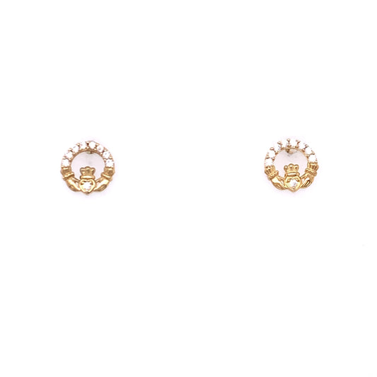 9ct Gold Cute CZ Claddagh Stud Earrings