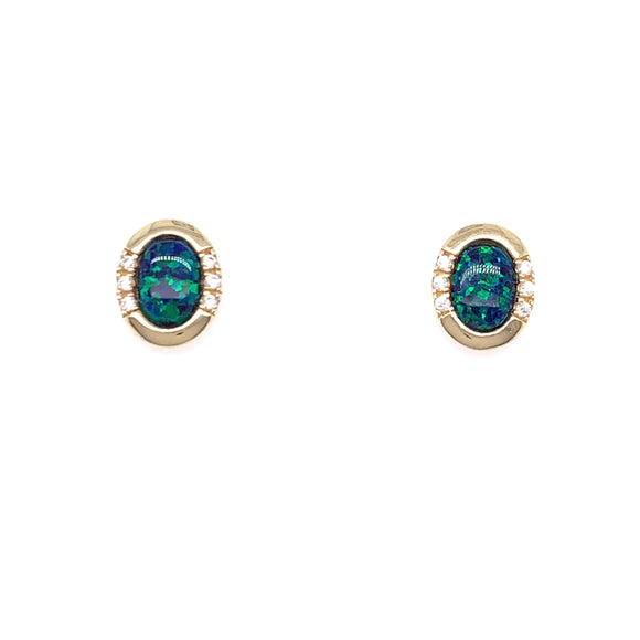 9ct Gold Created Black Opal & CZ Oval  Earrings