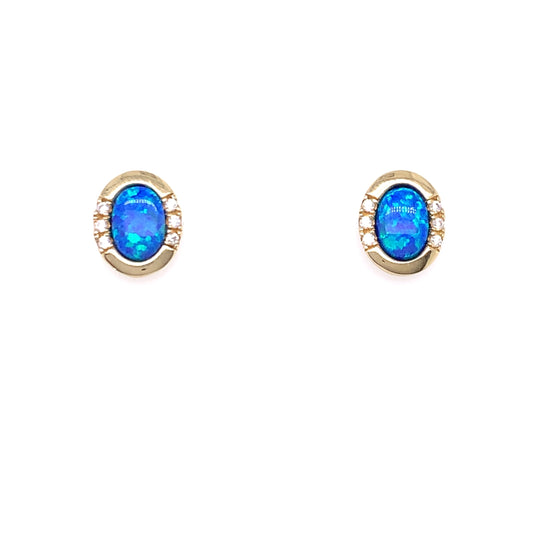 9ct Gold Created Blue Opal & CZ Oval  Earrings GEX134