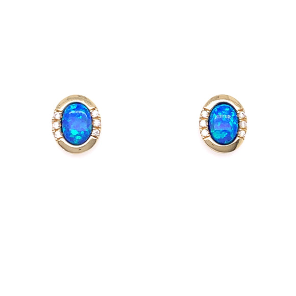 9ct Gold Created Blue Opal & CZ Oval  Earrings