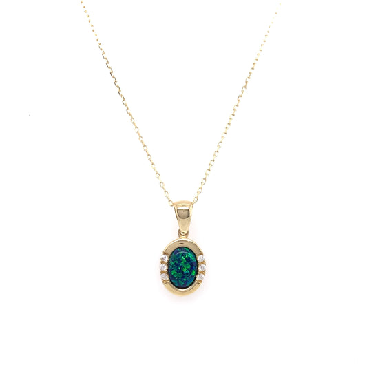 9ct Gold Created Black Opal & CZ 10 x 8mm Oval Pendant