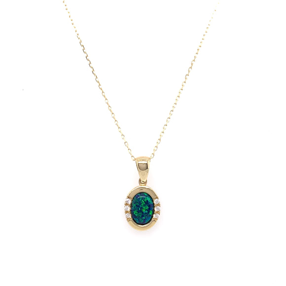 9ct Gold Created Black Opal & CZ 10 x 8mm Oval Pendant