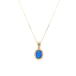 9ct Gold Created Blue Opal & CZ 10 x 8mm Oval Pendant
