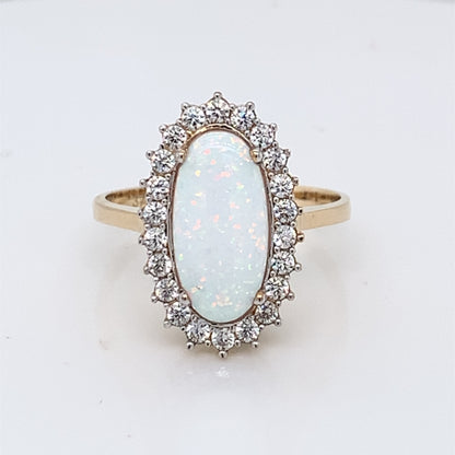 9ct  Gold  Created Opal & CZ Oblong Cluster Ring