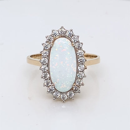 9ct  Gold  Created Opal & CZ Oblong Cluster Ring GRL29