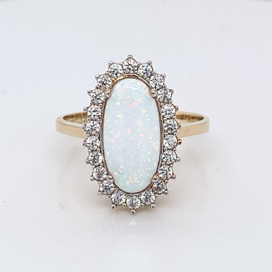 9ct  Gold  Created Opal & CZ Oblong Cluster Ring