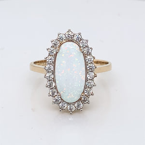 9ct  Gold  Created Opal & CZ Oblong Cluster Ring