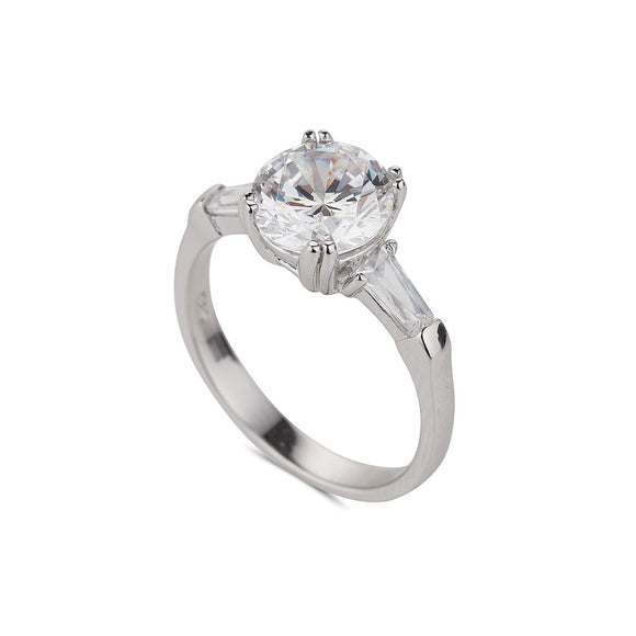 Sterling Silver CZ Solitaire & Baguette Ring