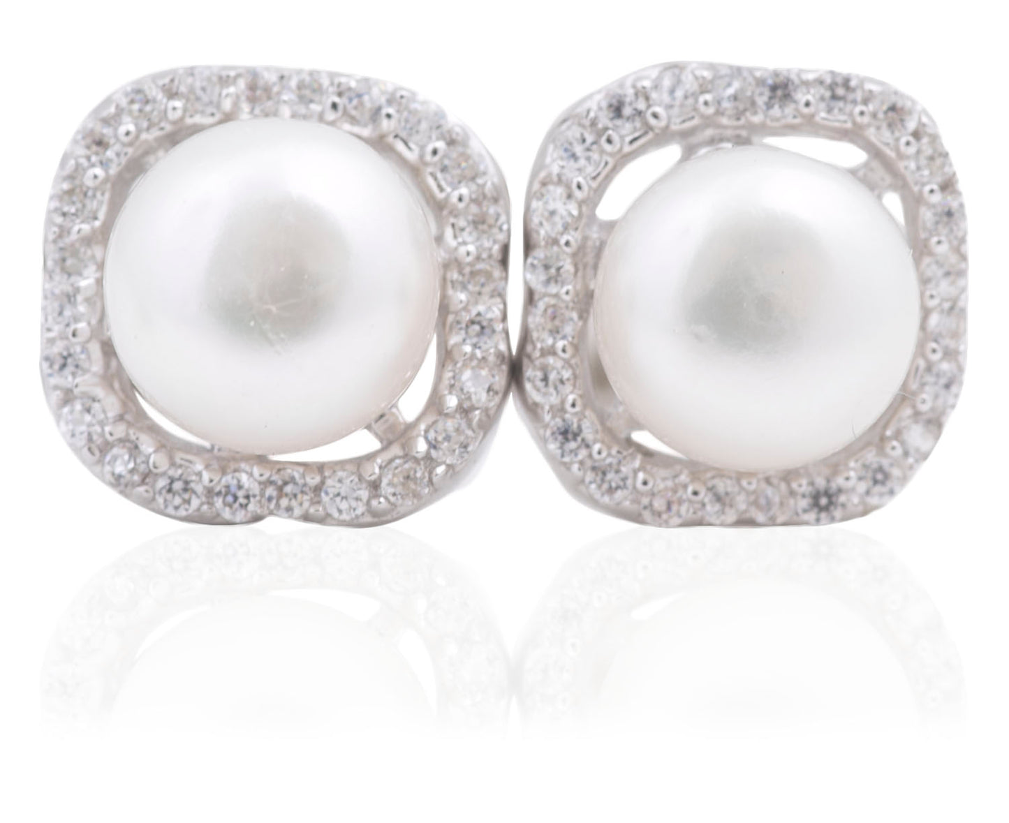 Sterling Silver Bouton Pearl & CZ Earrings