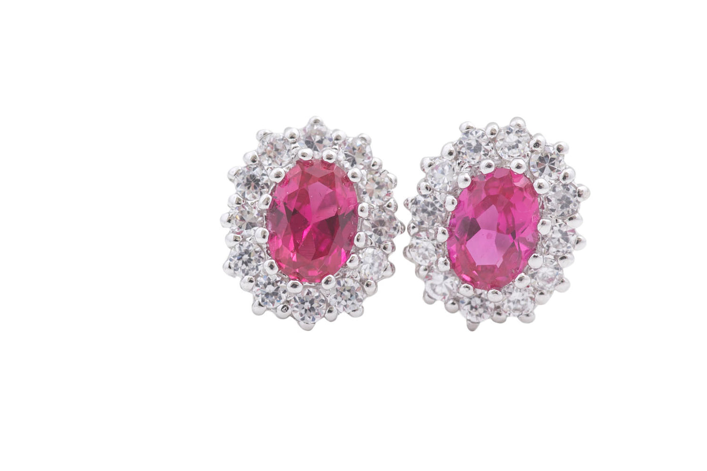 Sterling Silver Ruby CZ Oval Cluster Earrings