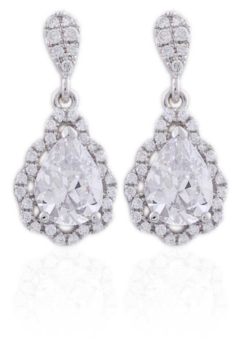 Sterling Silver CZ Pear Scalloped Edge Drop Earrings