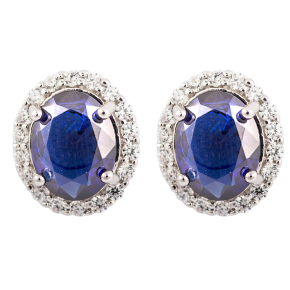Silver Sapphire CZ Large  Oval Cluster Stud Earrings