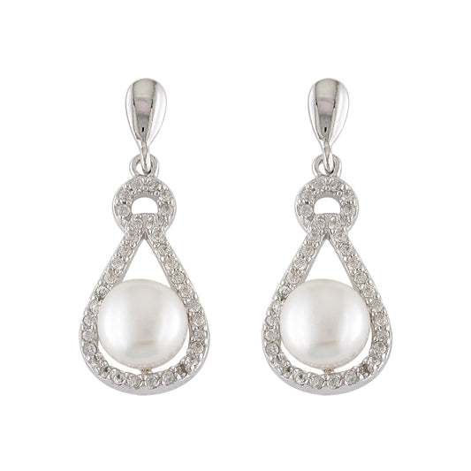 Sterling Silver Freshwater Pearl & CZ Tear Drop Earrings