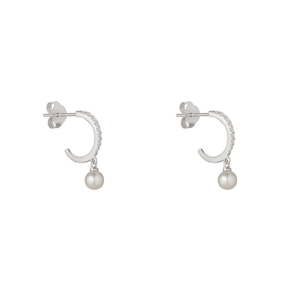 Sterling Silver Pearl & CZ Hoop Earrings