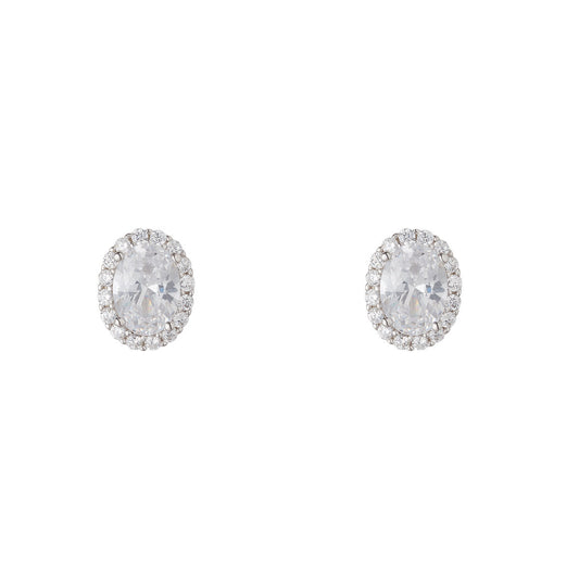 Sterling Silver CZ Oval Cluster Stud Earrings