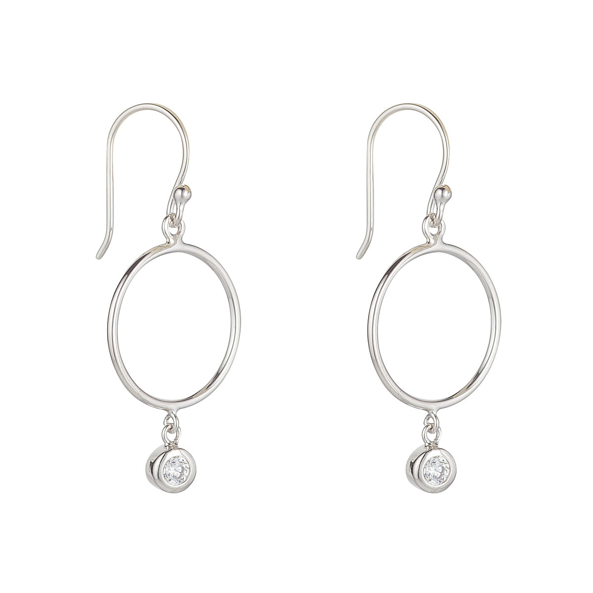 Sterling Silver Open Circle Rubover CZ Drop Earrings