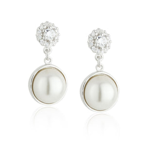 Sterling Silver CZ Cluster & Pearl Drop Earrings