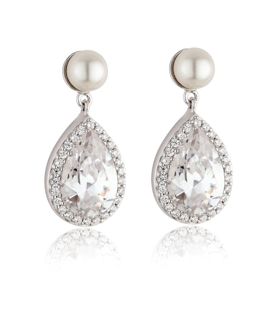 Sterling Silver Vintage Pearl & CZ Drop Earrings