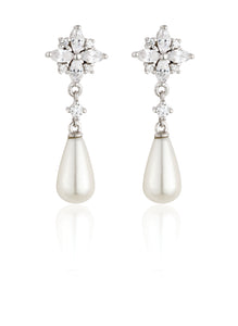 Sterling Silver Pearl & CZ Teardrop Earrings
