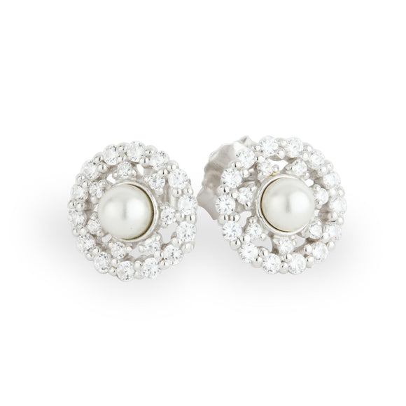Sterling Silver Pearl & CZ Lace Cluster Stud Earrings