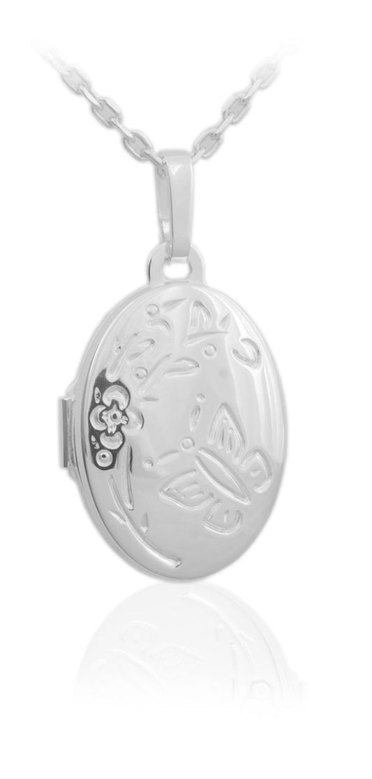 Sterling Silver Kids Oval Butterfly Engraved Locket