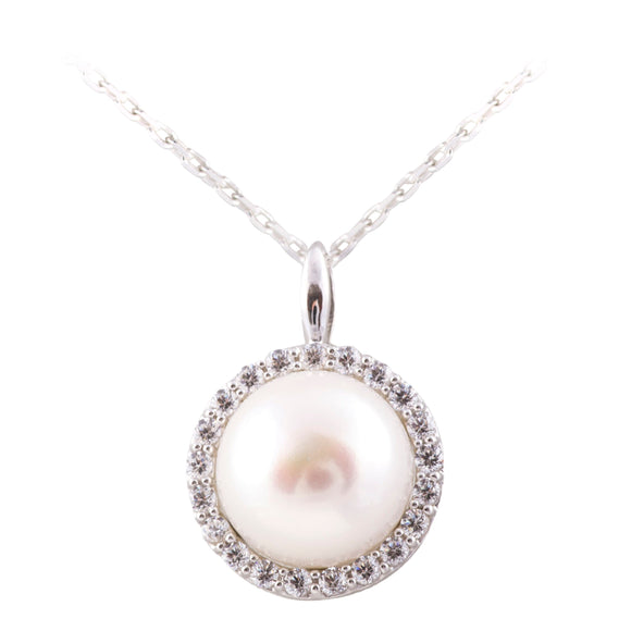 Sterling Silver Freshwater Pearl CZ Surround Pendant