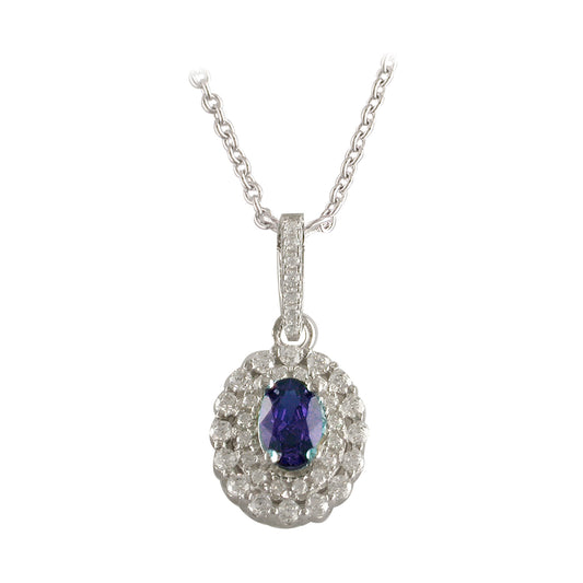 Silver Oval Sapphire CZ Halo Pendant