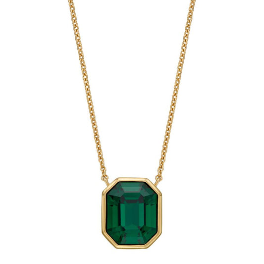 Silver Yellow Gold Plated Elongated Octagon Necklace With Emerald Crystal N4477G