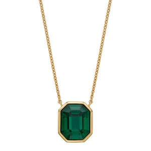 Silver Yellow Gold Plated Elongated Octagon Necklace With Emerald Crystal