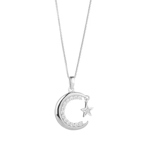 Sterling Silver CZ Moon & Hanging Star Pendant