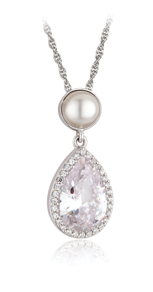 Sterling Silver CZ & Pearl Vintage Style Teardrop Pendant