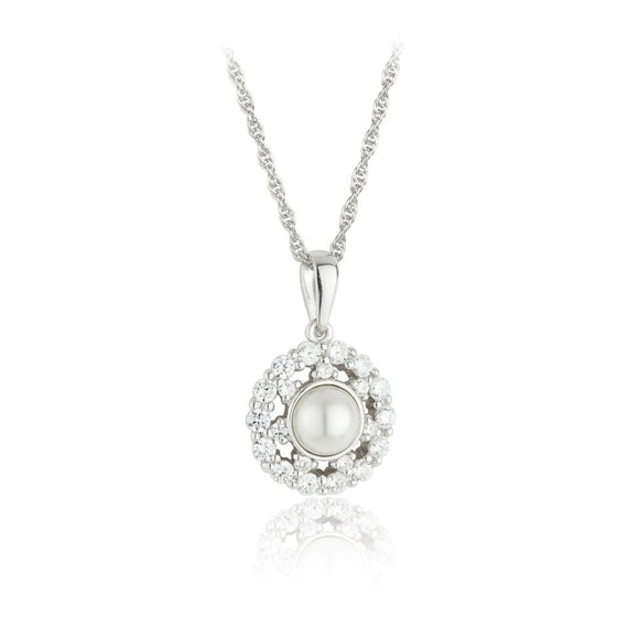 Sterling Silver Pearl & CZ Lace Cluster Pendant