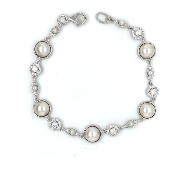 Sterling Silver CZ Cluster & Pearl Bracelet