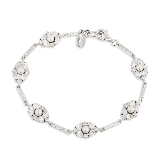 Sterling Silver CZ & Pearl Vintage Style Bracelet