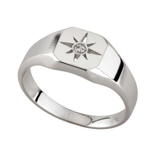 9ct White Gold CZ Star Signet Ring