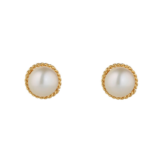 9ct Gold Freshwater Pearl  Rope Edge Stud Earrings