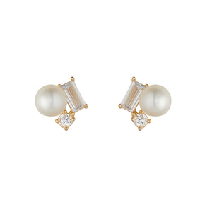 9ct Gold Pearl & Baguette CZ Stud Earrings