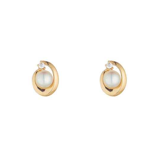 9ct Gold Pearl & CZ Oval Swirl Earrings