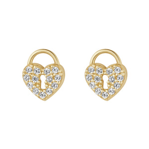 9ct Gold CZ Heart Lock Stud Earrings