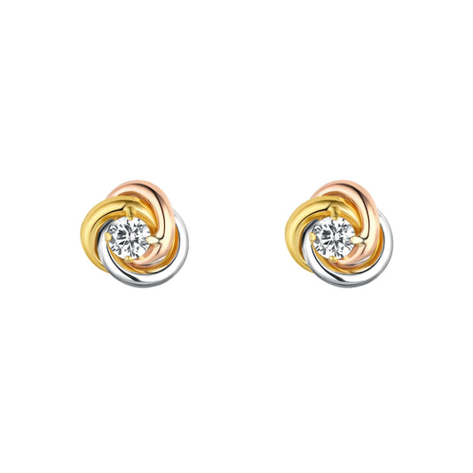 9ct Gold 3 Colour CZ Knot Stud Earrings