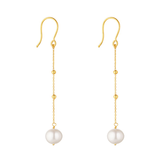 9ct Gold Pearl & Ball Chain Drop Earrings