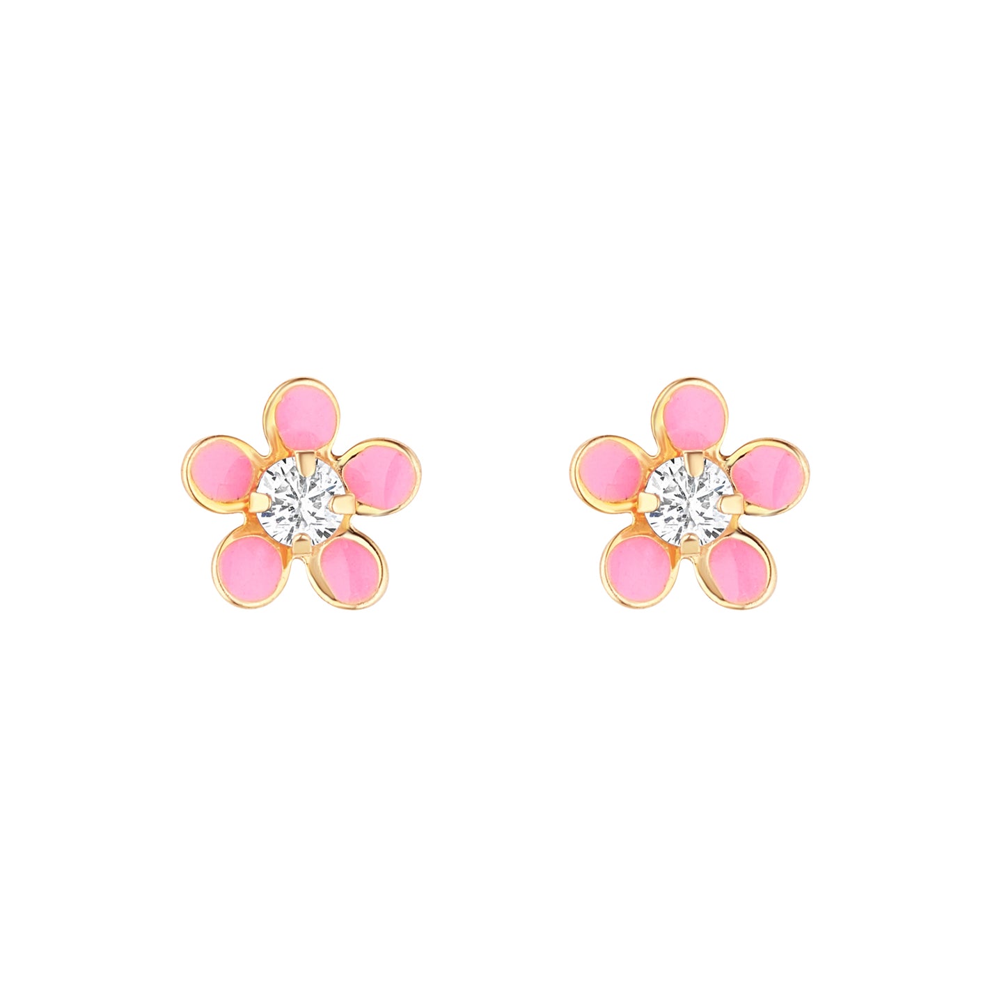 9ct Gold Pink Enamel CZ Flower Stud Earrings