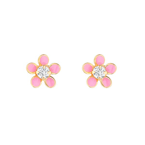 9ct Gold Pink Enamel CZ Flower Stud Earrings