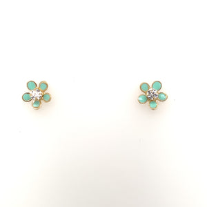 9ct Gold Blue Enamel CZ Flower Stud Earrings