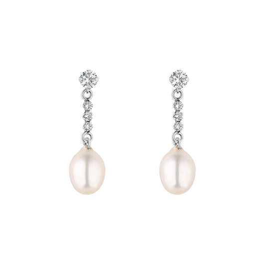 9ct White Gold CZ & Pearl Drop Earrings