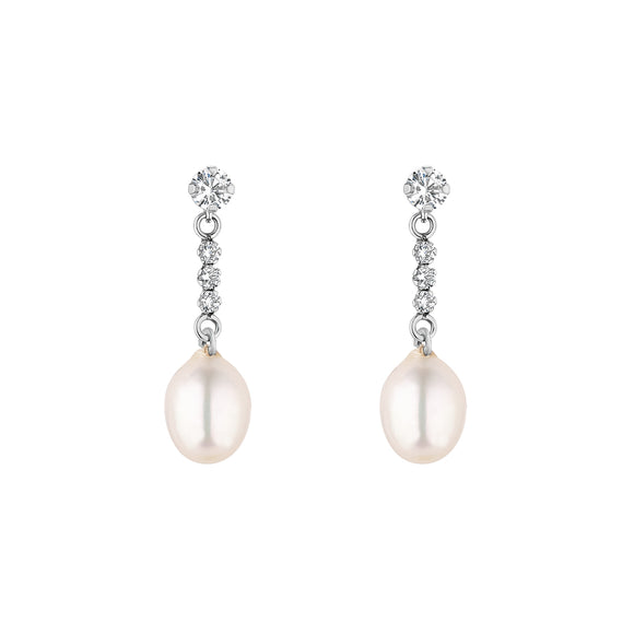 9ct White Gold CZ & Pearl Drop Earrings