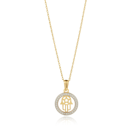 9ct Gold Hand of Fatima CZ Circle Pendant