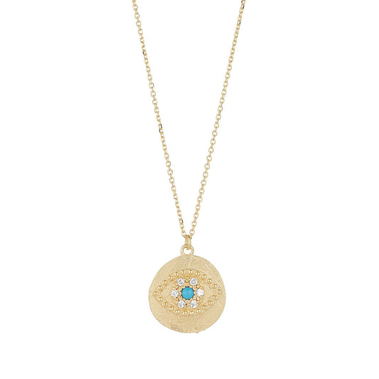 9ct Gold CZ & Turquoise Evil Eye Disc Pendant