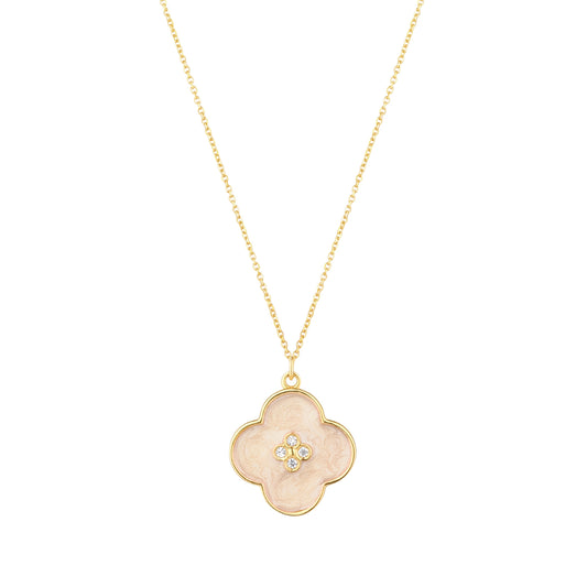 9ct Gold Cream Enamel CZ Flower Pendant